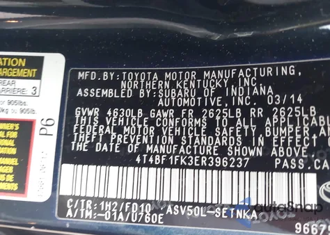 2014 Toyota Camry Le from USA, damaged, VIN 4T4BF1FK3ER396237